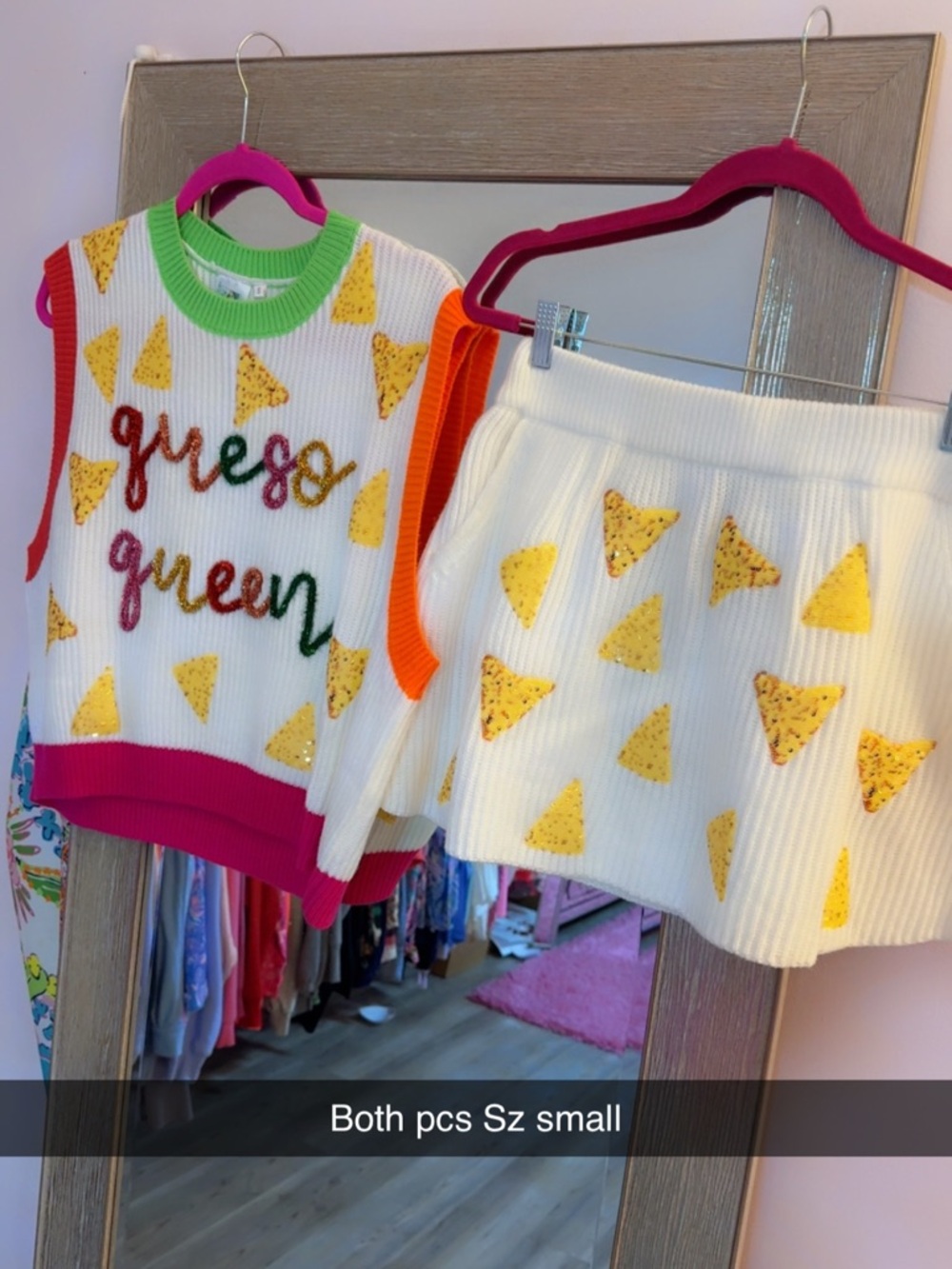 QUEEN OF SPARKLES White Knit Sweater Vest & Skirt Set with Yellow Taco Motif